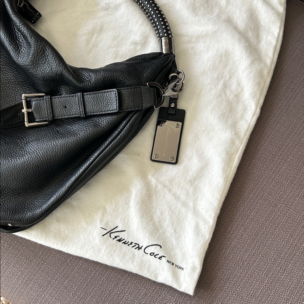 KENNETH COLE Black Leather Slouchy Hobo Bag with Studded Handle - Picture 5 of 13